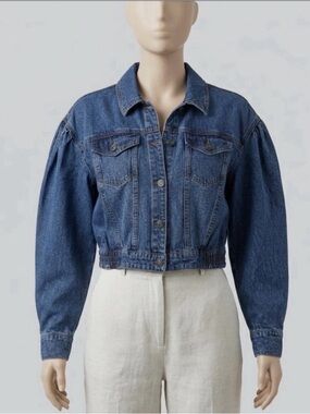 DKNY Jeans Cropped Denim Jacket Puff Sleeve Medium Wash Blue Women’s Size Small